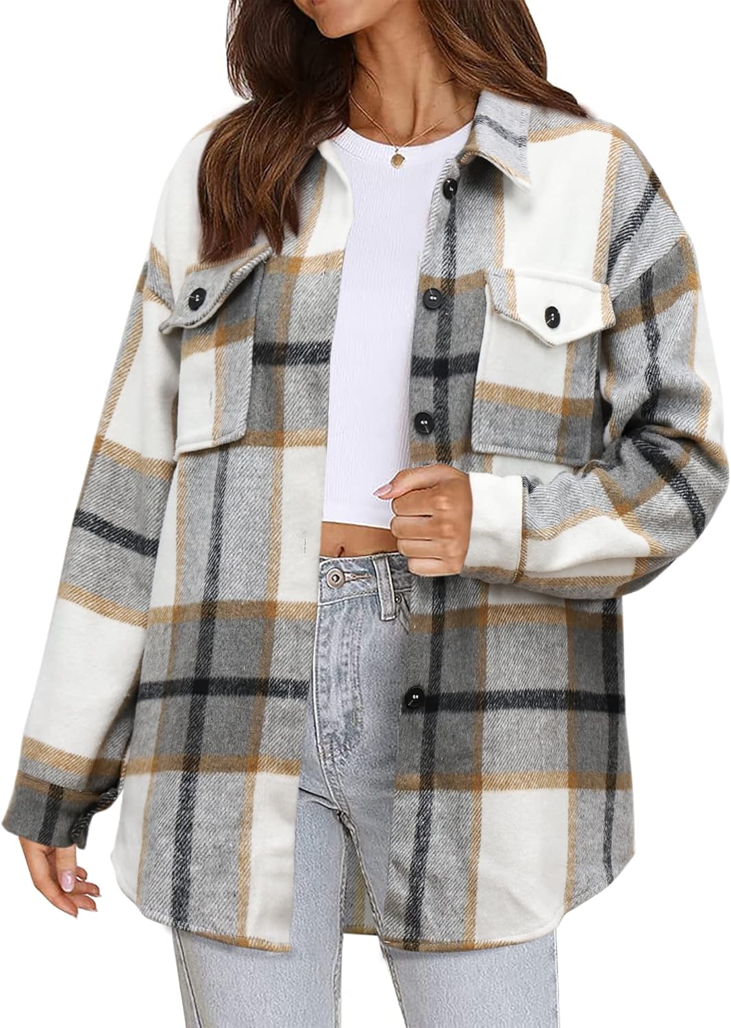 Women's Flannel Plaid Shacket Long Sleeve Button Down Shirts Jacket Coats - Picture 37 of 146
