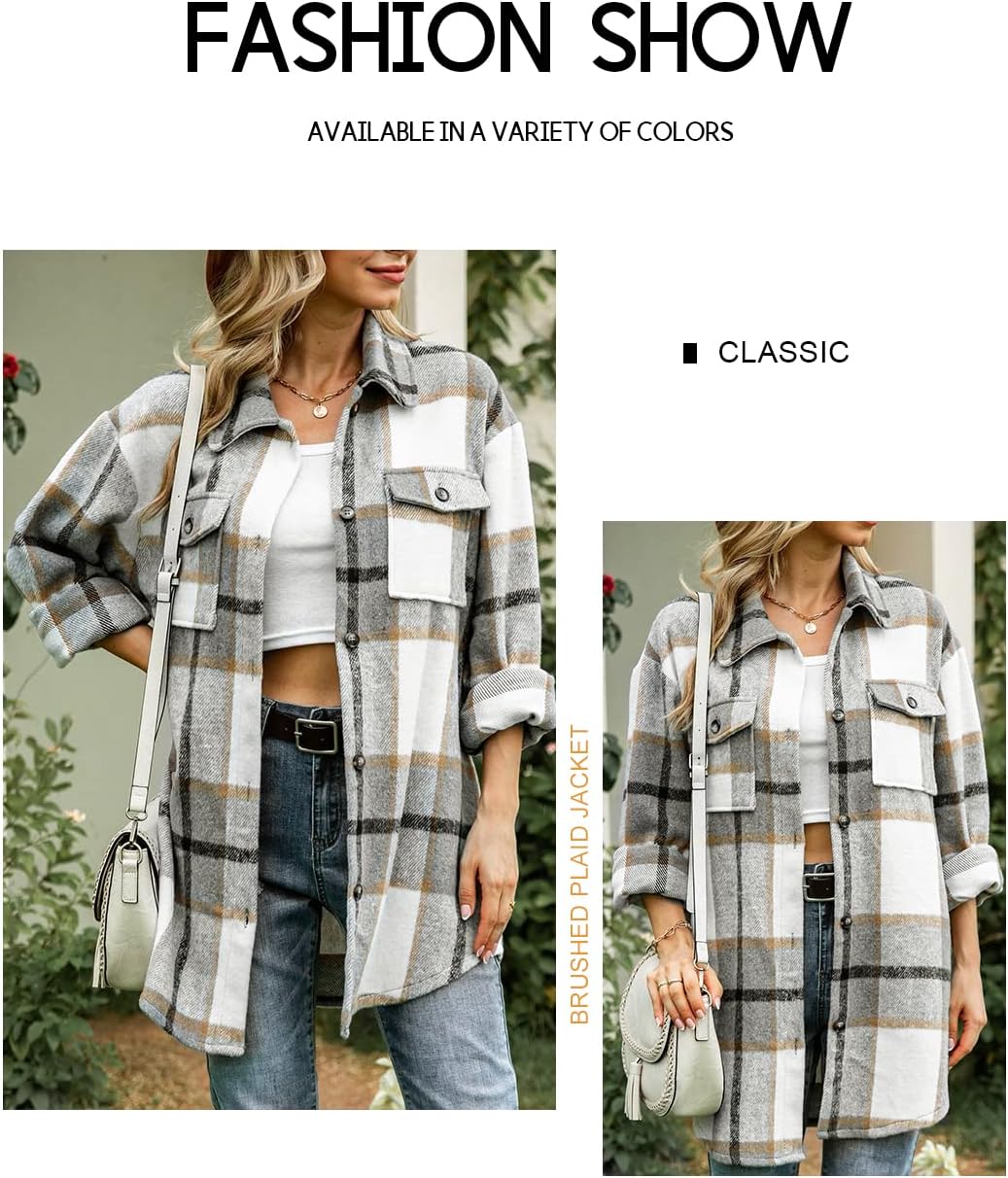 Women's Flannel Plaid Shacket Long Sleeve Button Down Shirts Jacket Coats - Picture 39 of 146