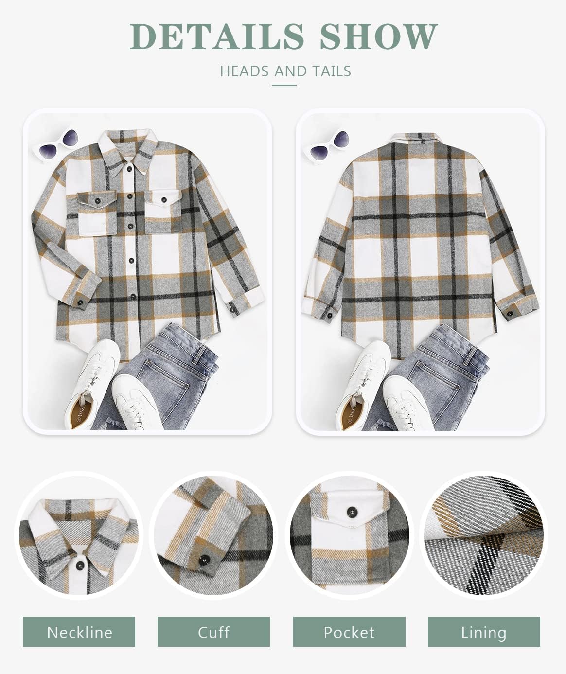Women's Flannel Plaid Shacket Long Sleeve Button Down Shirts Jacket Coats - Picture 40 of 146