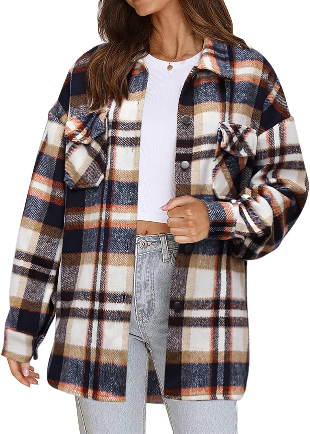 Women's Flannel Plaid Shacket Long Sleeve Button Down Shirts Jacket Coats - Picture 46 of 146