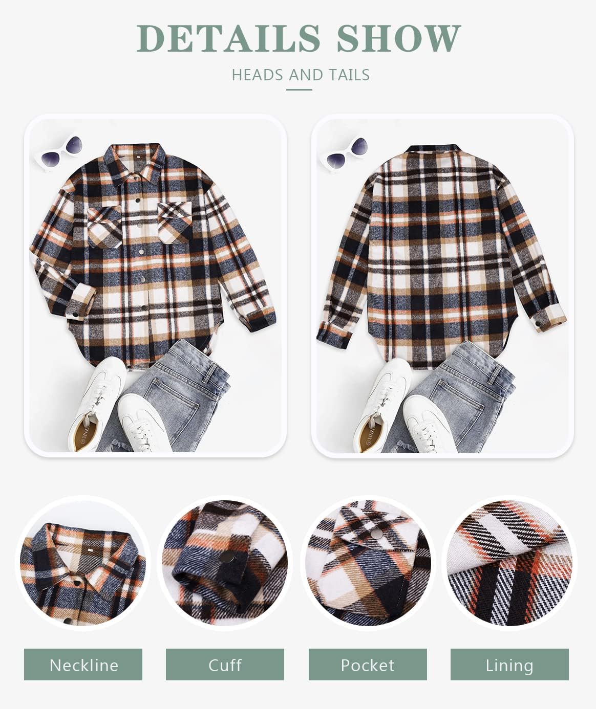 Women's Flannel Plaid Shacket Long Sleeve Button Down Shirts Jacket Coats - Picture 47 of 146