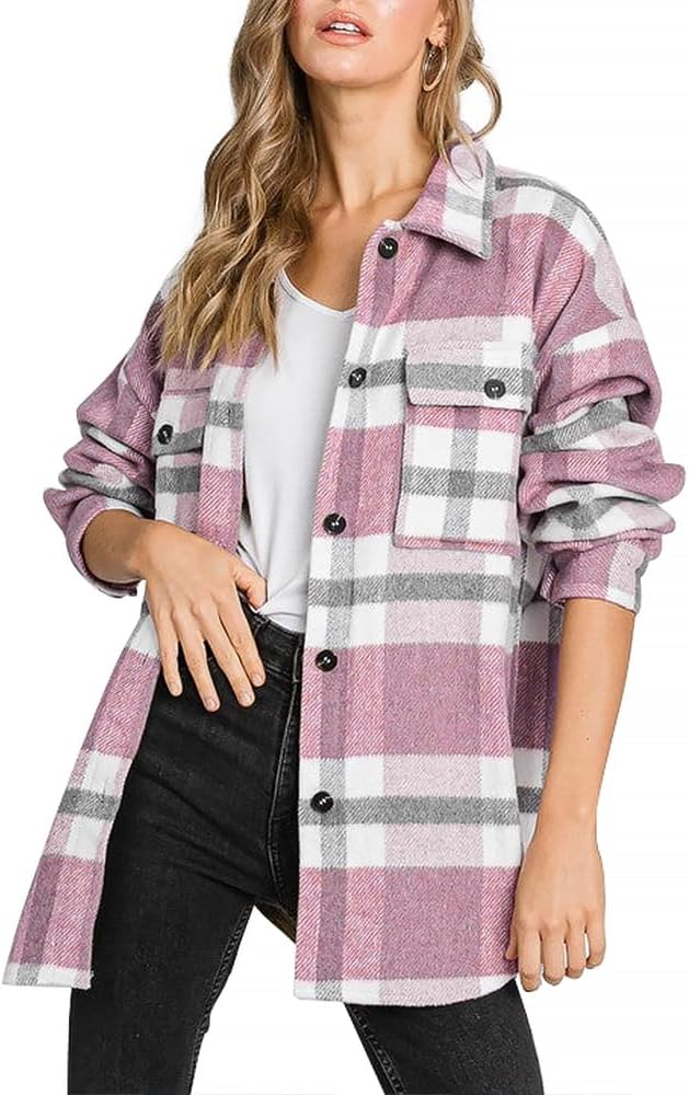 Women's Flannel Plaid Shacket Long Sleeve Button Down Shirts Jacket Coats - Picture 50 of 146