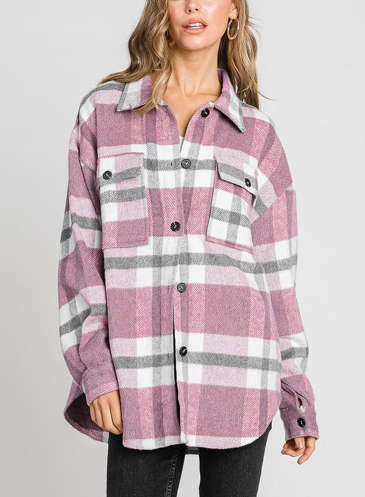Women's Flannel Plaid Shacket Long Sleeve Button Down Shirts Jacket Coats - Picture 51 of 146