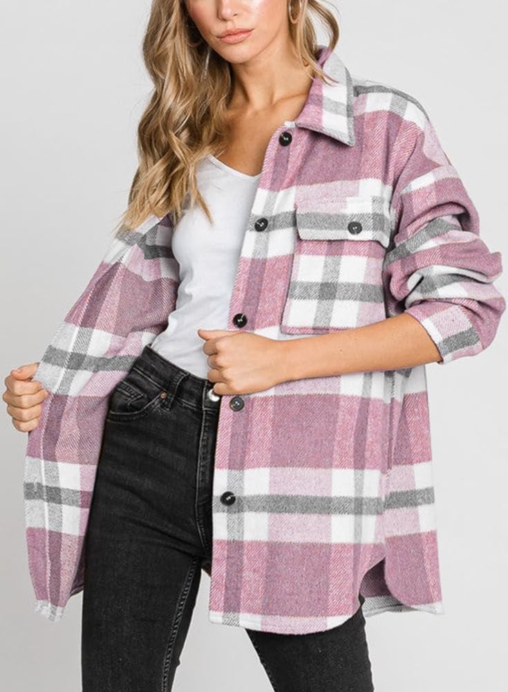 Women's Flannel Plaid Shacket Long Sleeve Button Down Shirts Jacket Coats - Picture 52 of 146