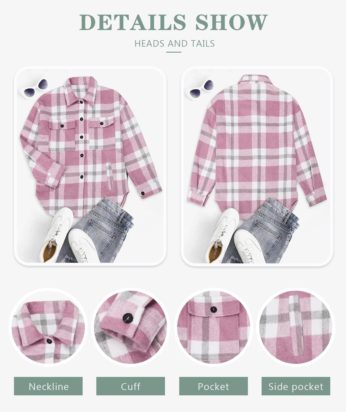 Women's Flannel Plaid Shacket Long Sleeve Button Down Shirts Jacket Coats - Picture 53 of 146