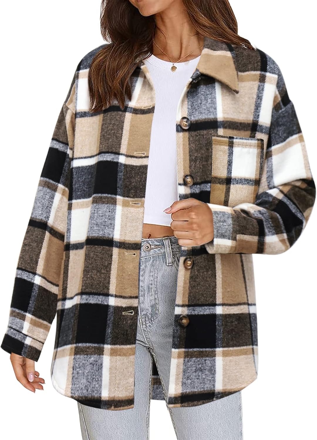 Women's Flannel Plaid Shacket Long Sleeve Button Down Shirts Jacket Coats - Picture 55 of 146