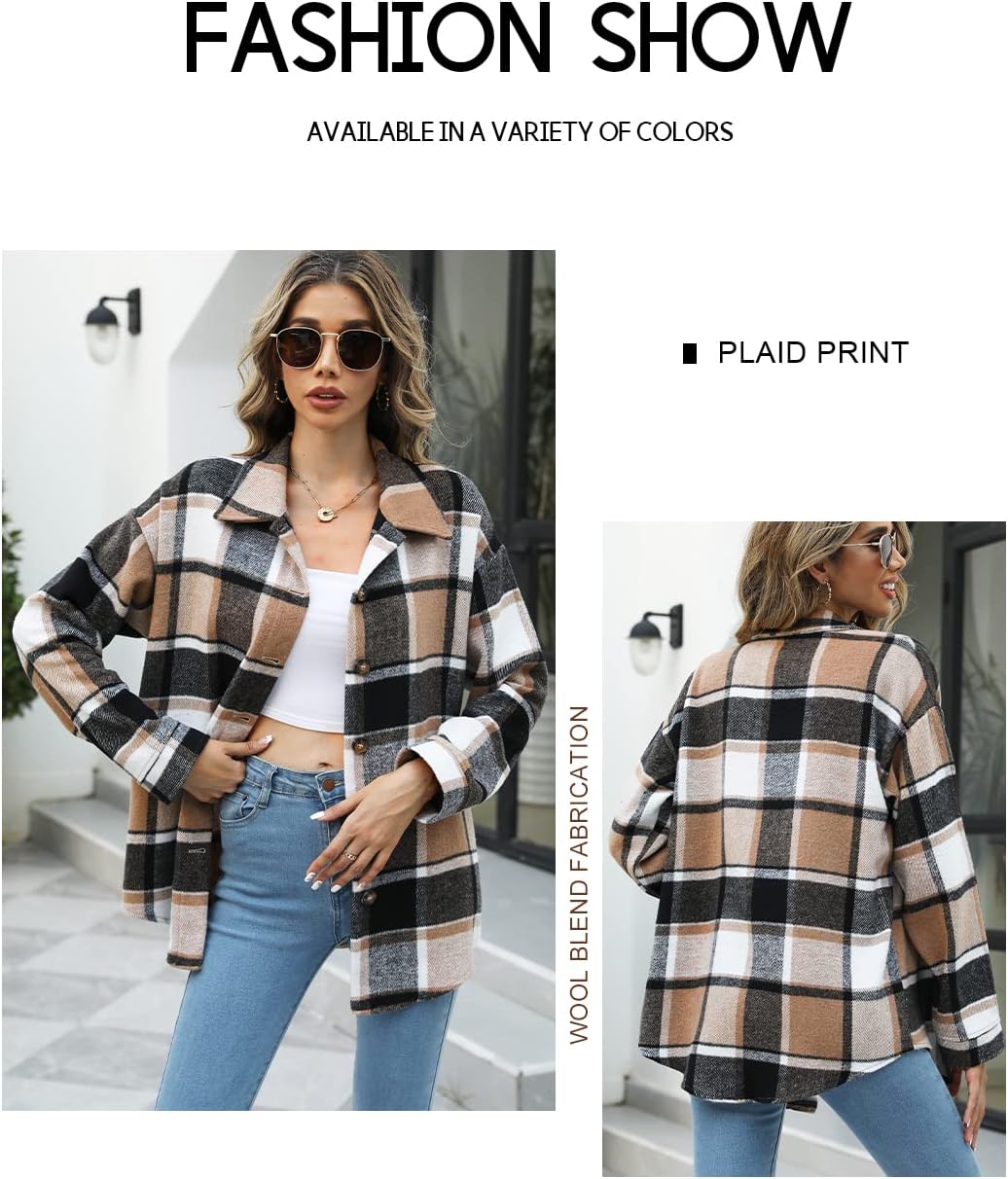 Women's Flannel Plaid Shacket Long Sleeve Button Down Shirts Jacket Coats - Picture 57 of 146