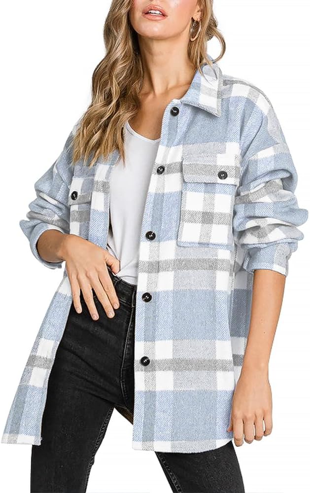 Women's Flannel Plaid Shacket Long Sleeve Button Down Shirts Jacket Coats - Picture 61 of 146