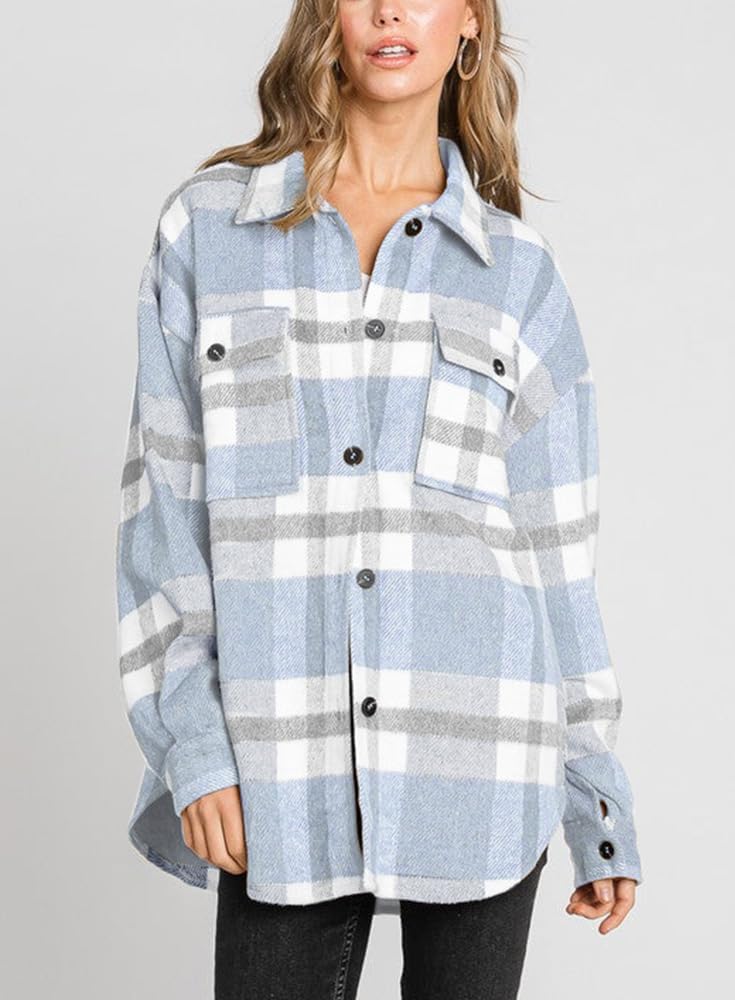 Women's Flannel Plaid Shacket Long Sleeve Button Down Shirts Jacket Coats - Picture 62 of 146