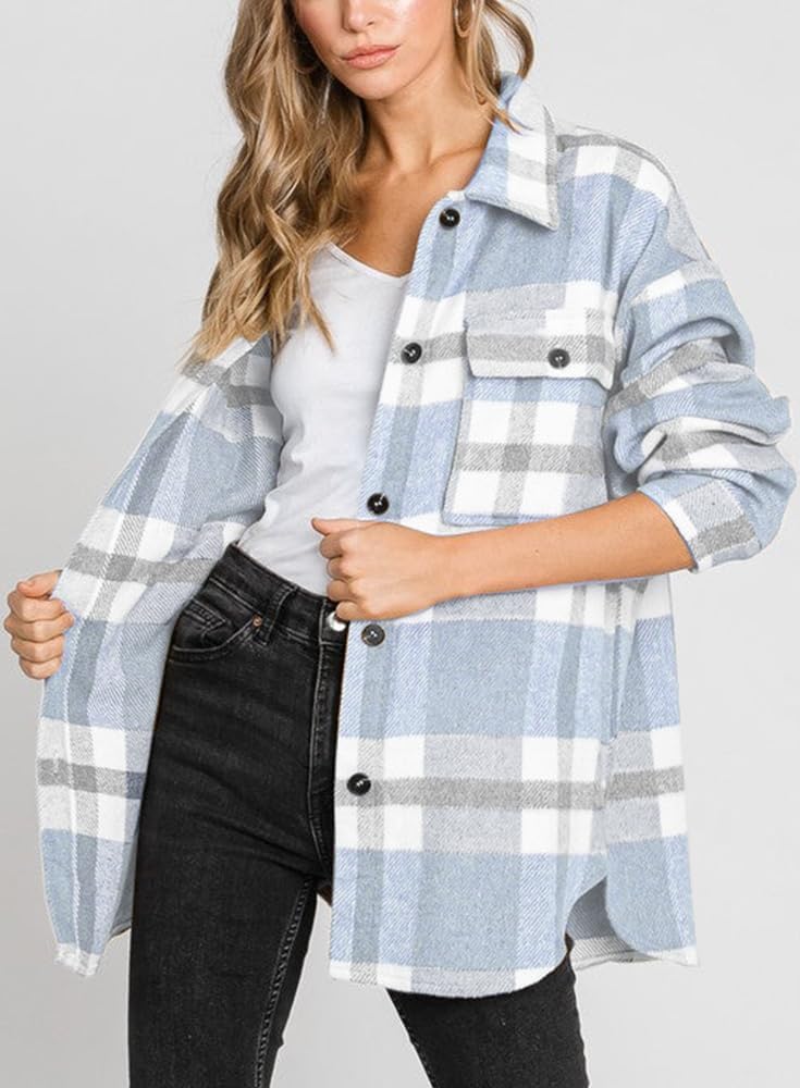 Women's Flannel Plaid Shacket Long Sleeve Button Down Shirts Jacket Coats - Picture 63 of 146
