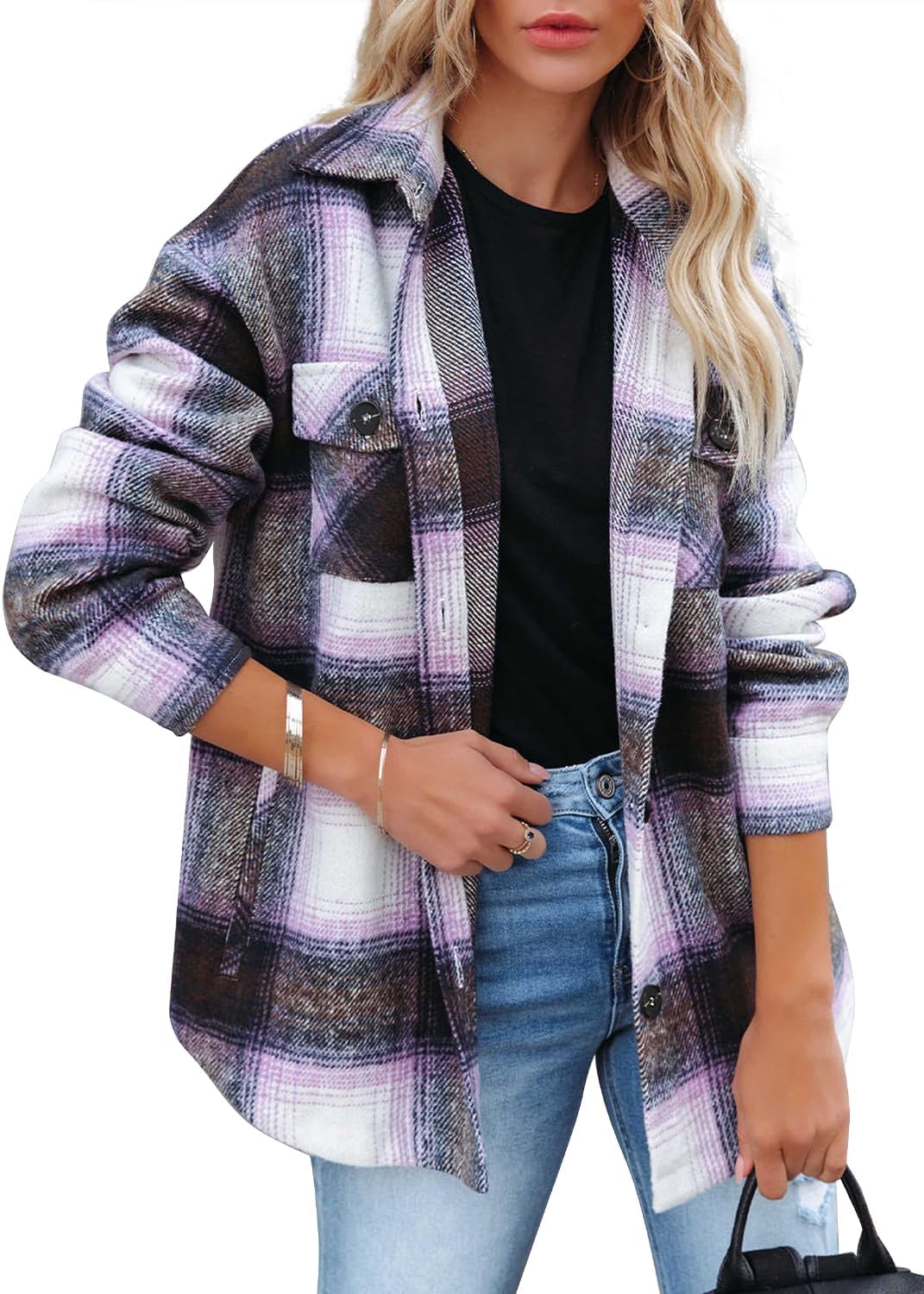 Women's Flannel Plaid Shacket Long Sleeve Button Down Shirts Jacket Coats - Picture 66 of 146