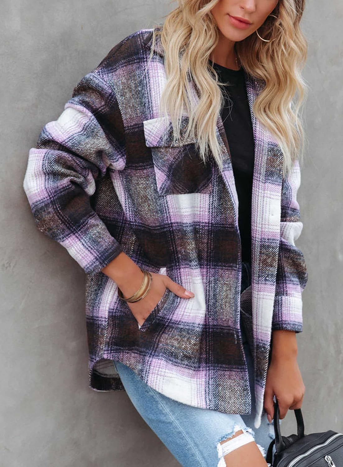 Women's Flannel Plaid Shacket Long Sleeve Button Down Shirts Jacket Coats - Picture 68 of 146