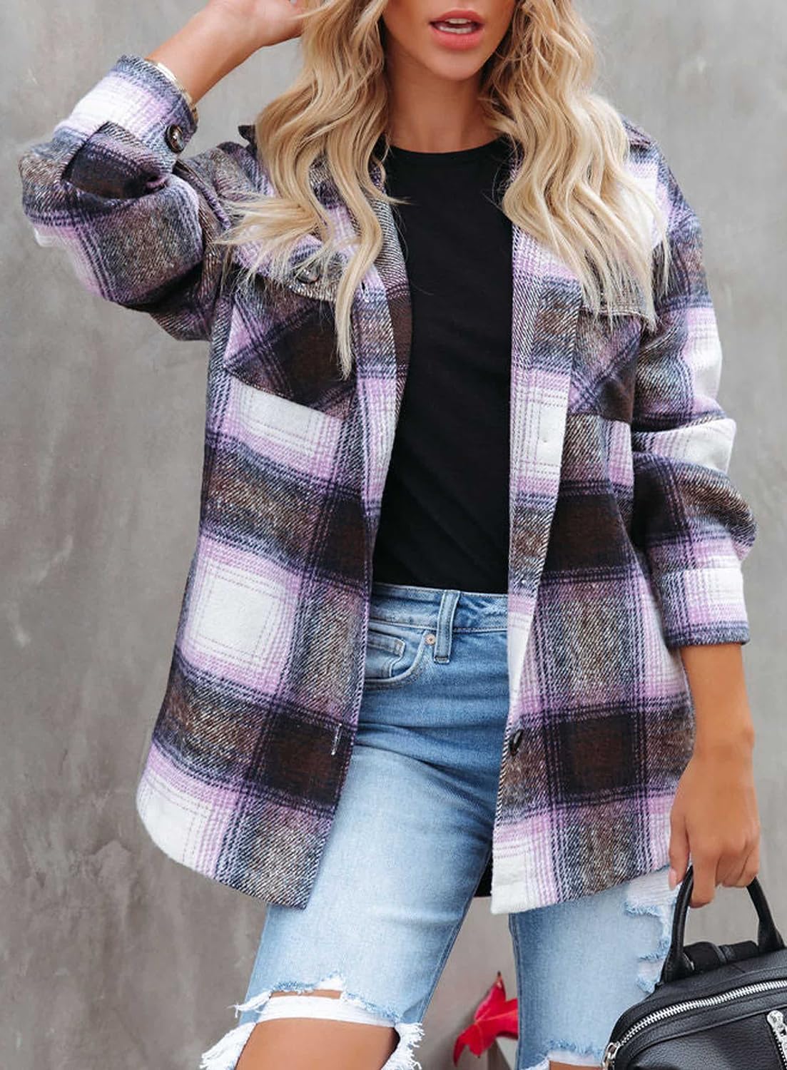 Women's Flannel Plaid Shacket Long Sleeve Button Down Shirts Jacket Coats - Picture 69 of 146