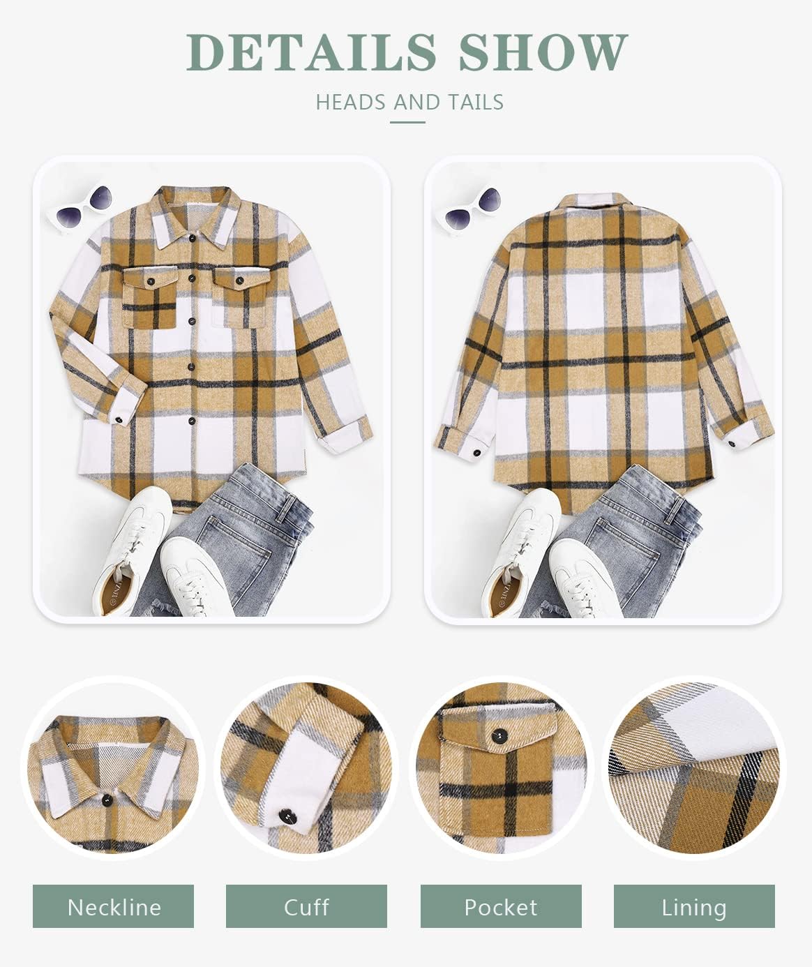 Women's Flannel Plaid Shacket Long Sleeve Button Down Shirts Jacket Coats - Picture 75 of 146