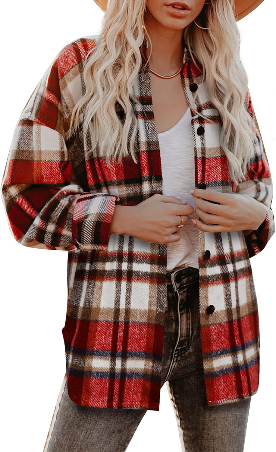 Women's Flannel Plaid Shacket Long Sleeve Button Down Shirts Jacket Coats - Picture 79 of 146