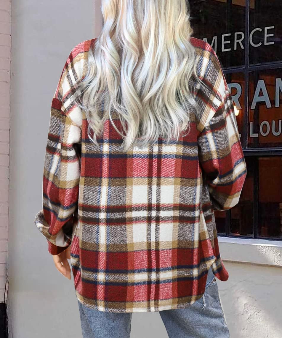 Women's Flannel Plaid Shacket Long Sleeve Button Down Shirts Jacket Coats - Picture 80 of 146