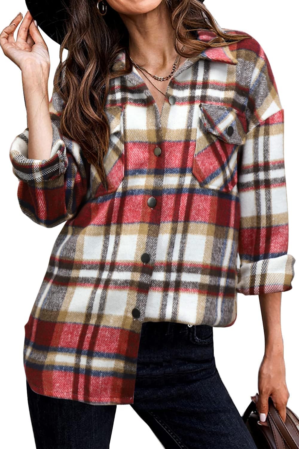 Women's Flannel Plaid Shacket Long Sleeve Button Down Shirts Jacket Coats - Picture 81 of 146