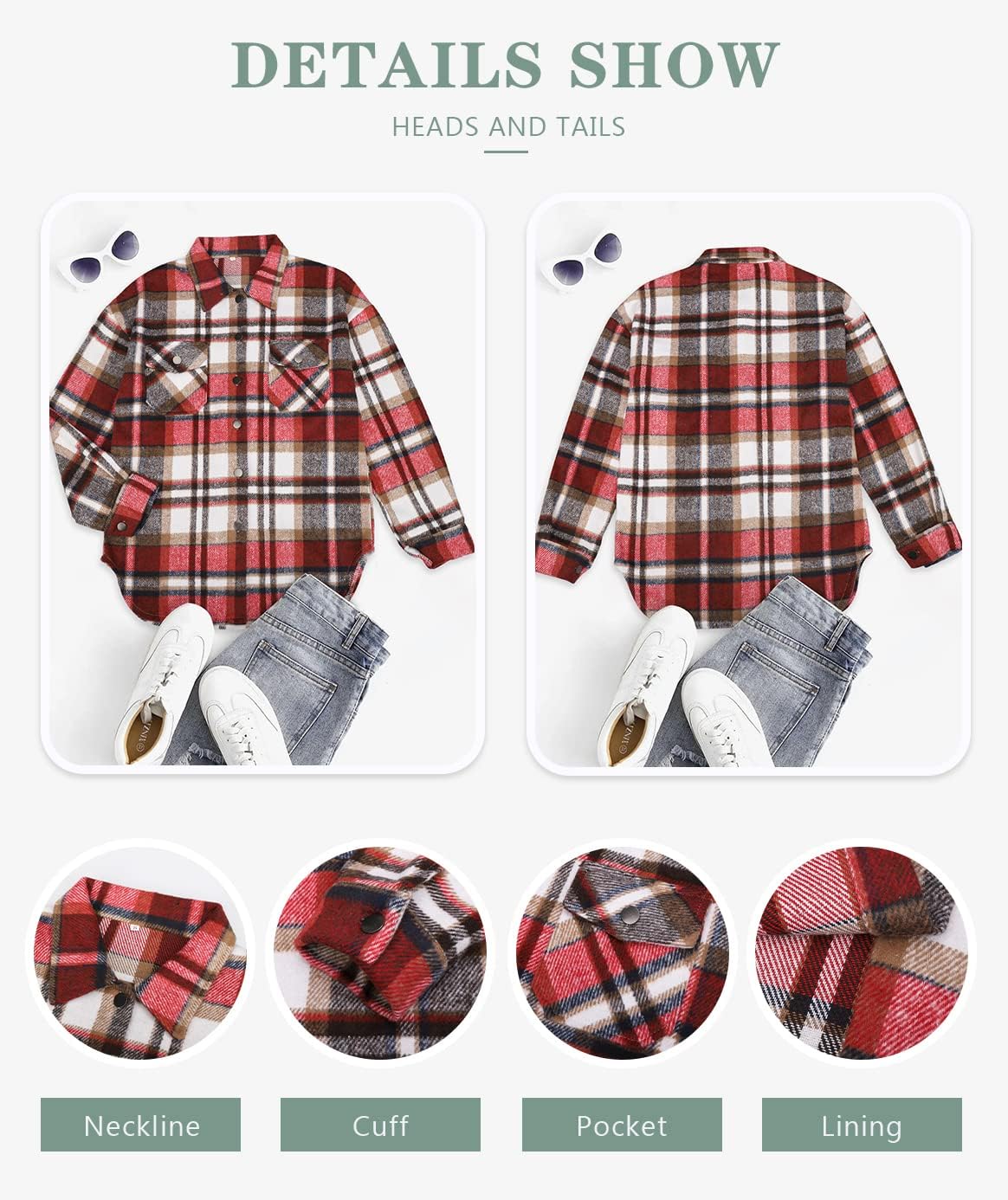 Women's Flannel Plaid Shacket Long Sleeve Button Down Shirts Jacket Coats - Picture 82 of 146
