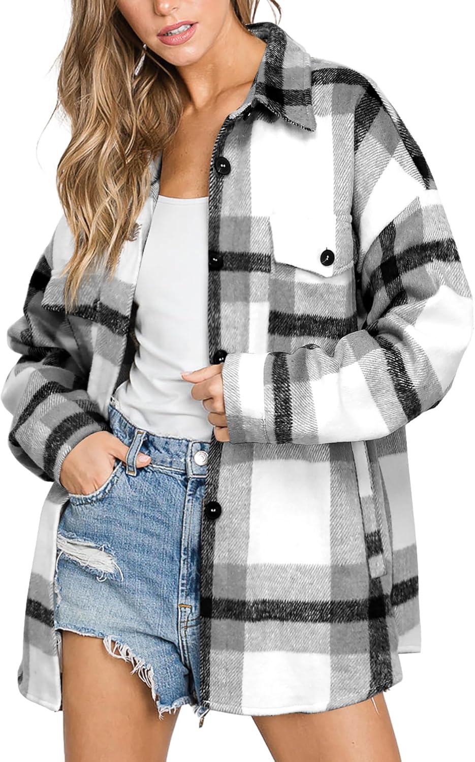 Women's Flannel Plaid Shacket Long Sleeve Button Down Shirts Jacket Coats - Picture 85 of 146