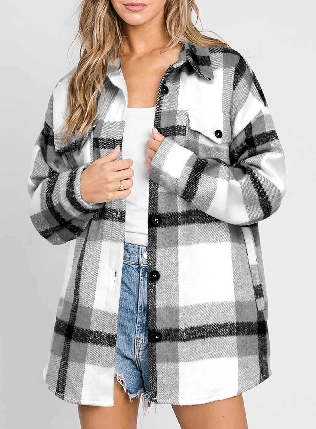 Women's Flannel Plaid Shacket Long Sleeve Button Down Shirts Jacket Coats - Picture 86 of 146