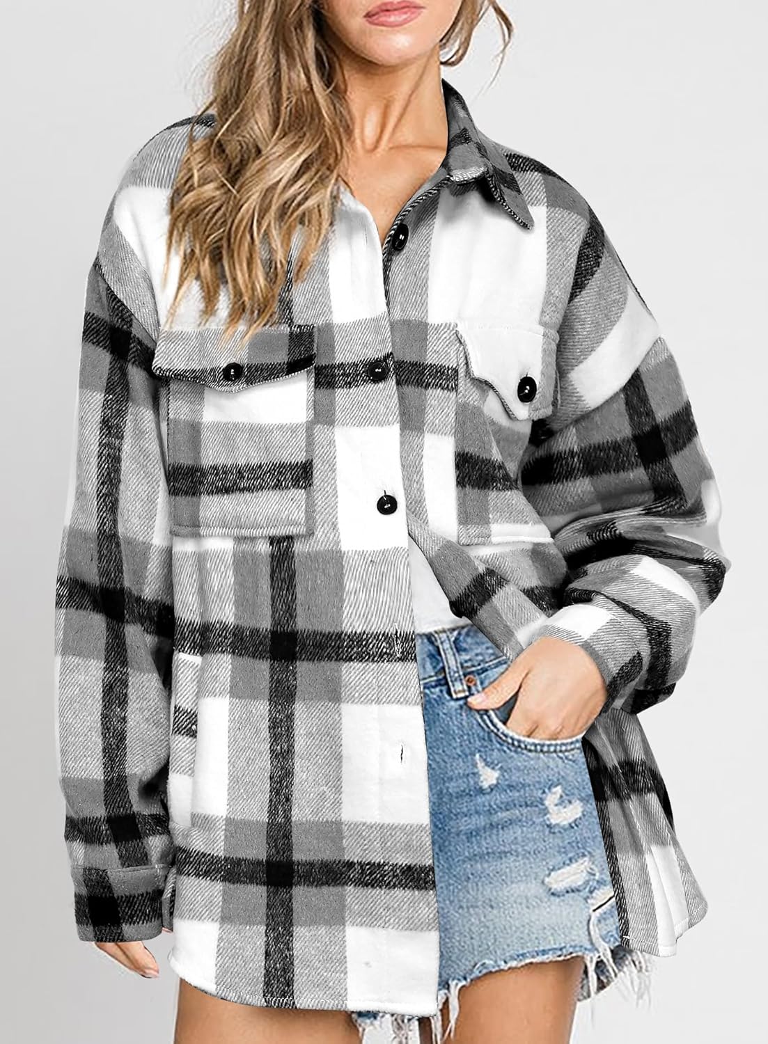 Women's Flannel Plaid Shacket Long Sleeve Button Down Shirts Jacket Coats - Picture 87 of 146