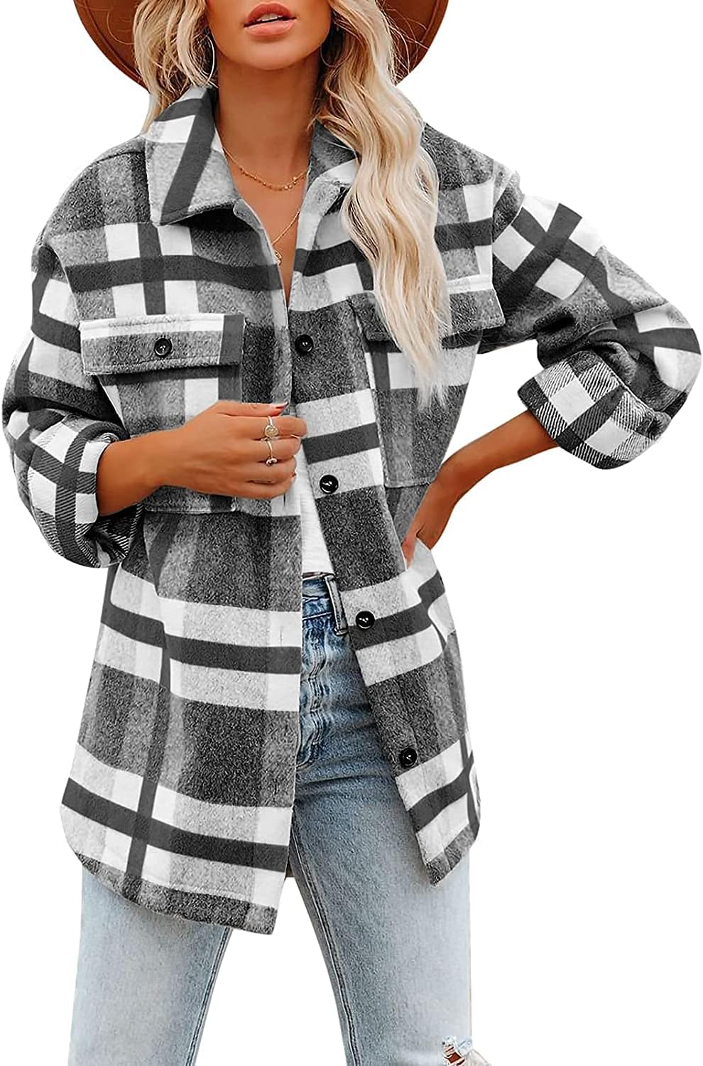 Women's Flannel Plaid Shacket Long Sleeve Button Down Shirts Jacket Coats - Picture 90 of 146