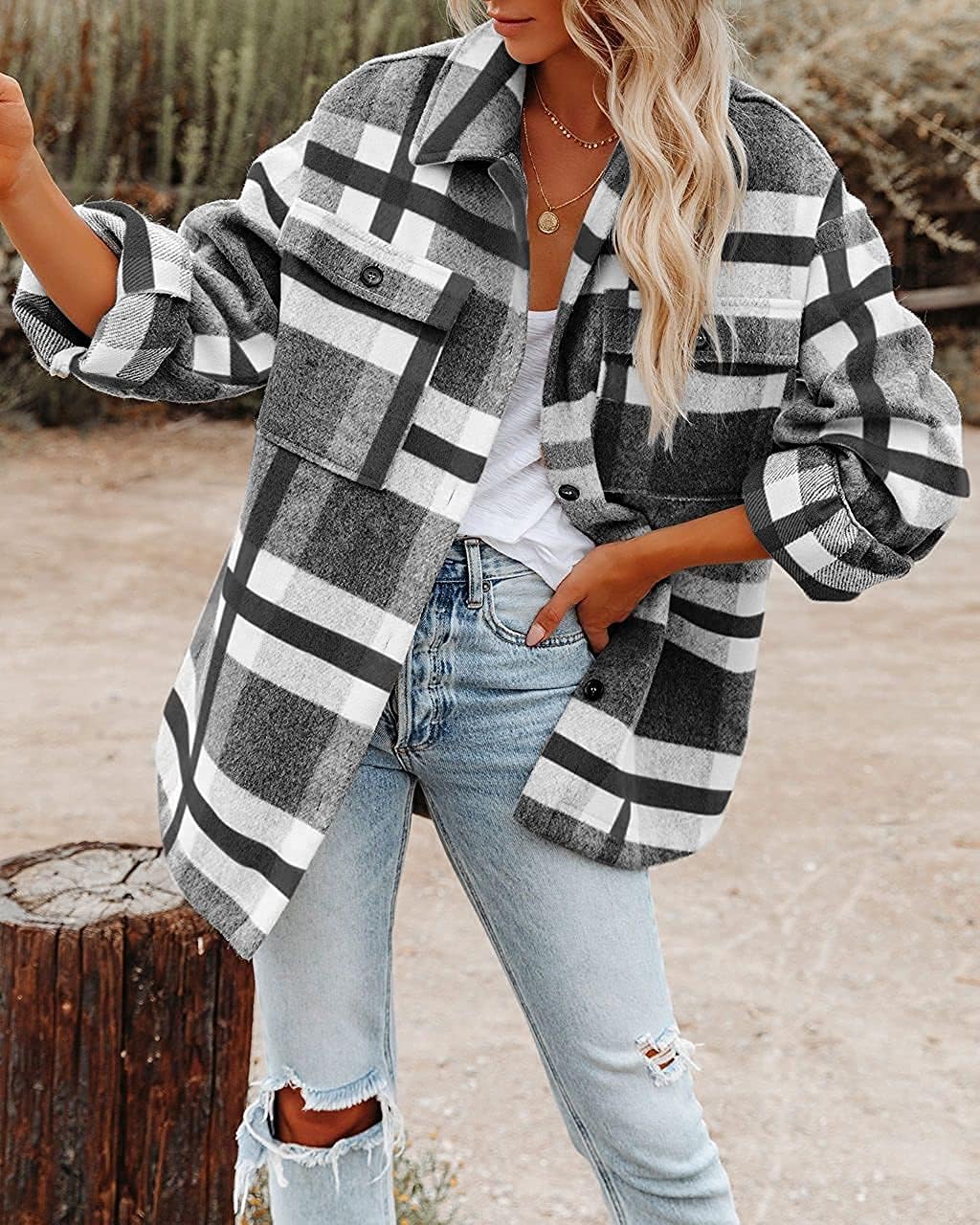 Women's Flannel Plaid Shacket Long Sleeve Button Down Shirts Jacket Coats - Picture 92 of 146