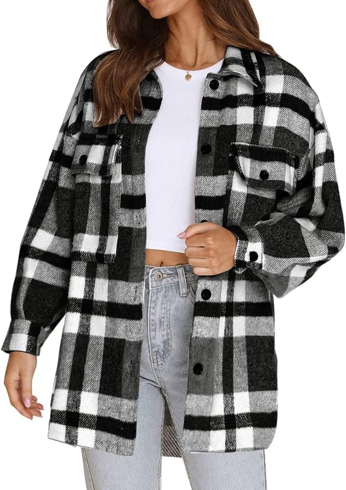 Women's Flannel Plaid Shacket Long Sleeve Button Down Shirts Jacket Coats - Picture 96 of 146