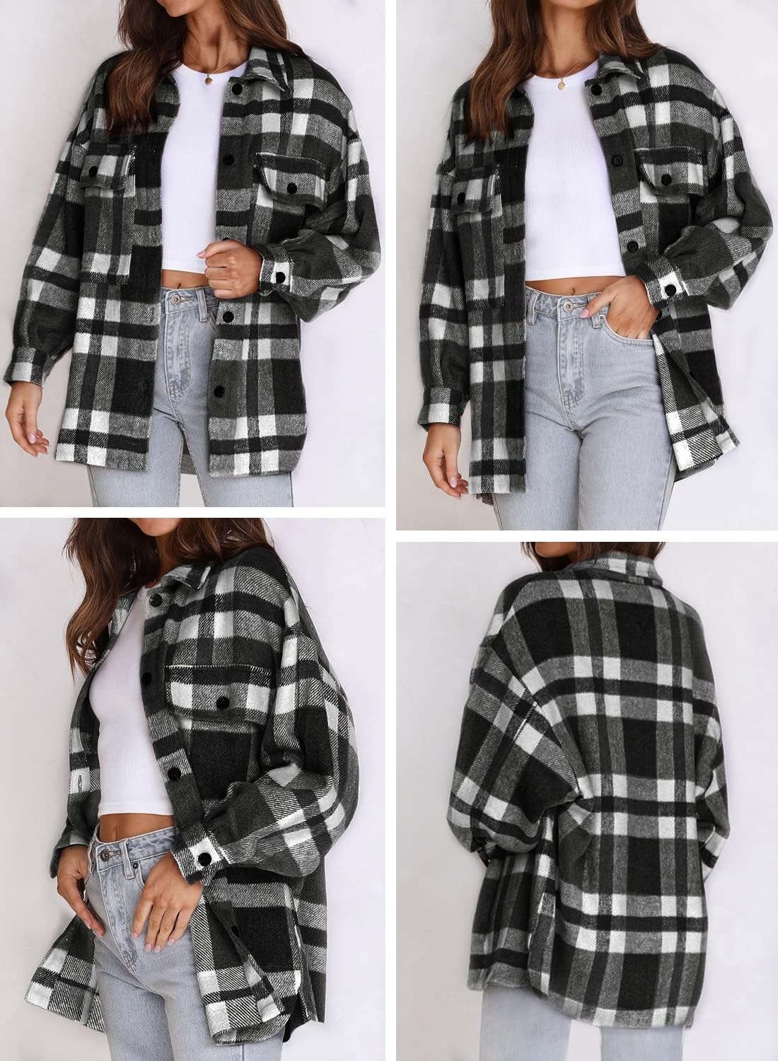 Women's Flannel Plaid Shacket Long Sleeve Button Down Shirts Jacket Coats - Picture 97 of 146