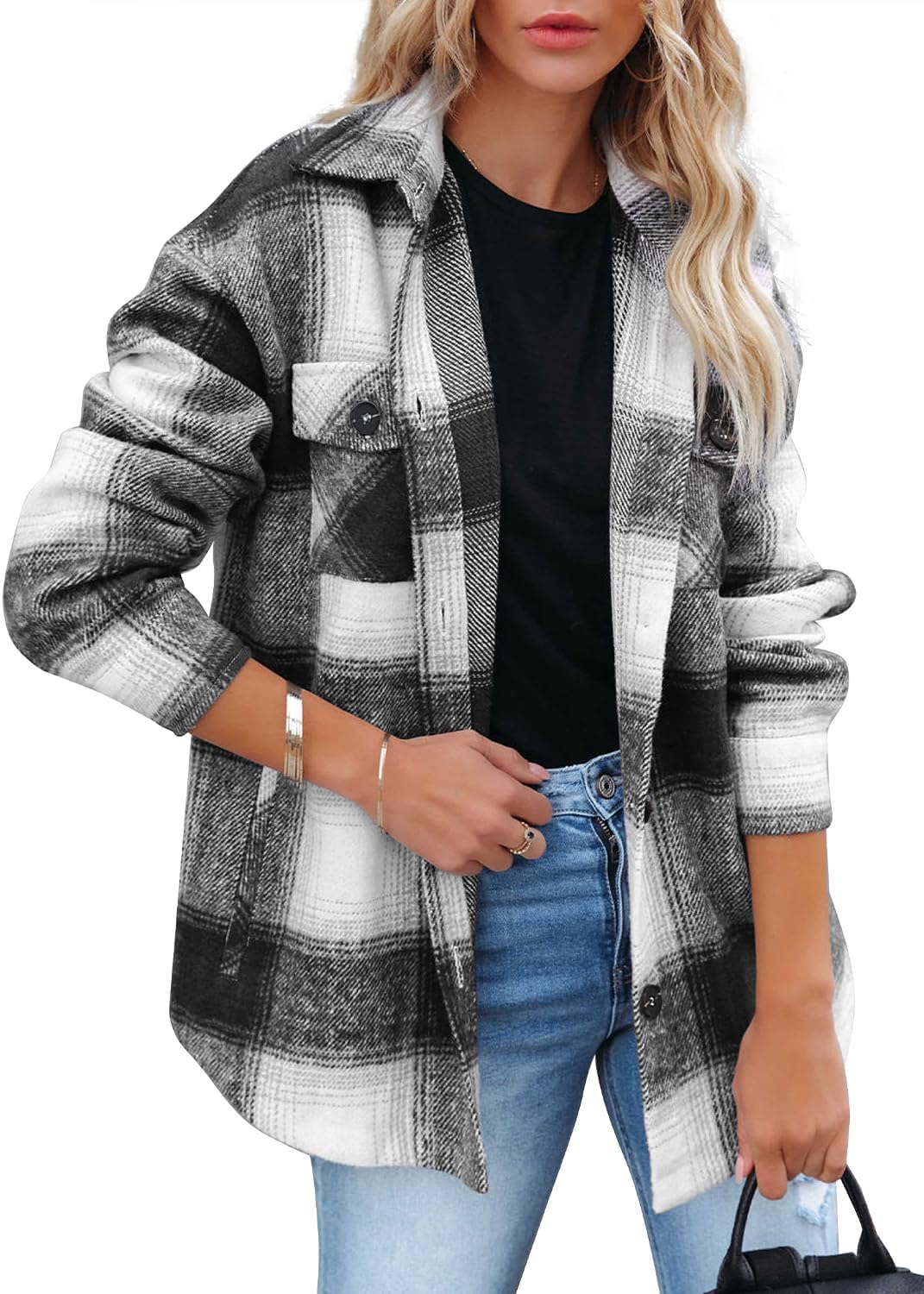 Women's Flannel Plaid Shacket Long Sleeve Button Down Shirts Jacket Coats - Picture 102 of 146