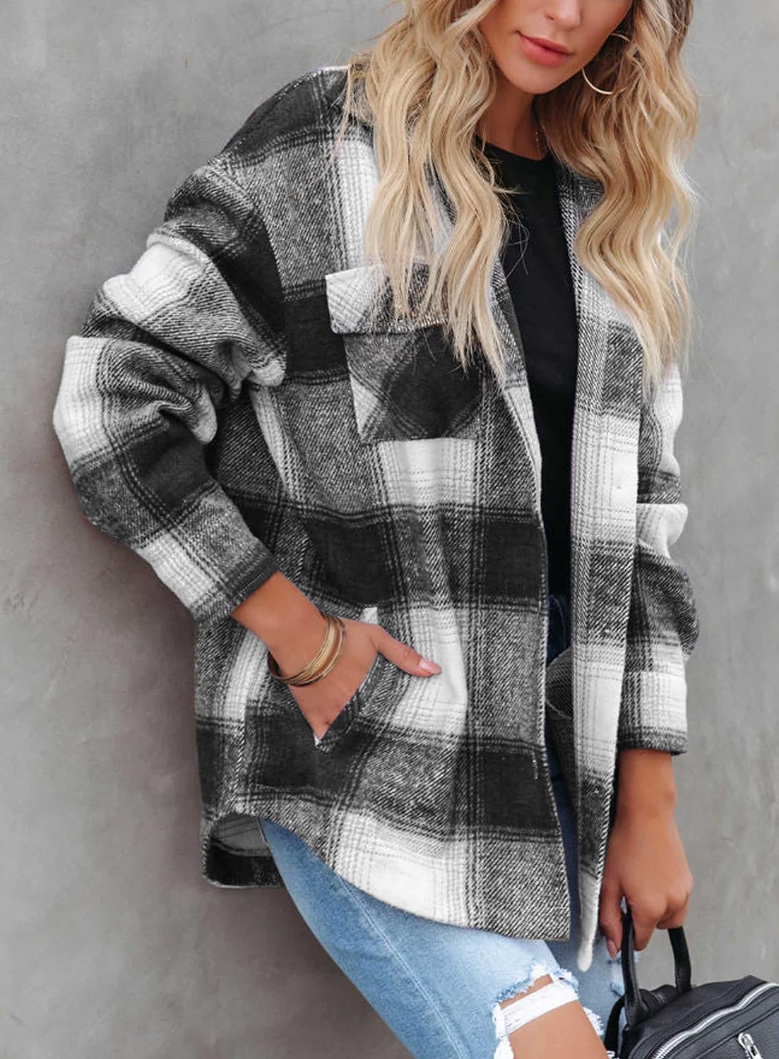 Women's Flannel Plaid Shacket Long Sleeve Button Down Shirts Jacket Coats - Picture 104 of 146