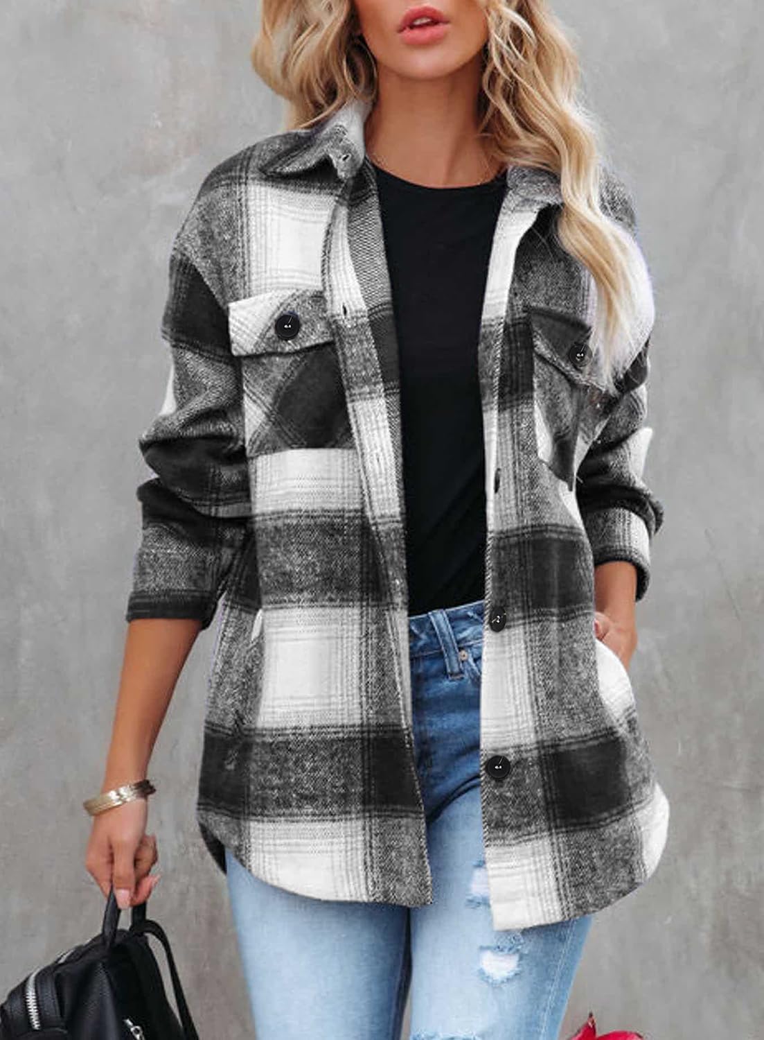 Women's Flannel Plaid Shacket Long Sleeve Button Down Shirts Jacket Coats - Picture 105 of 146