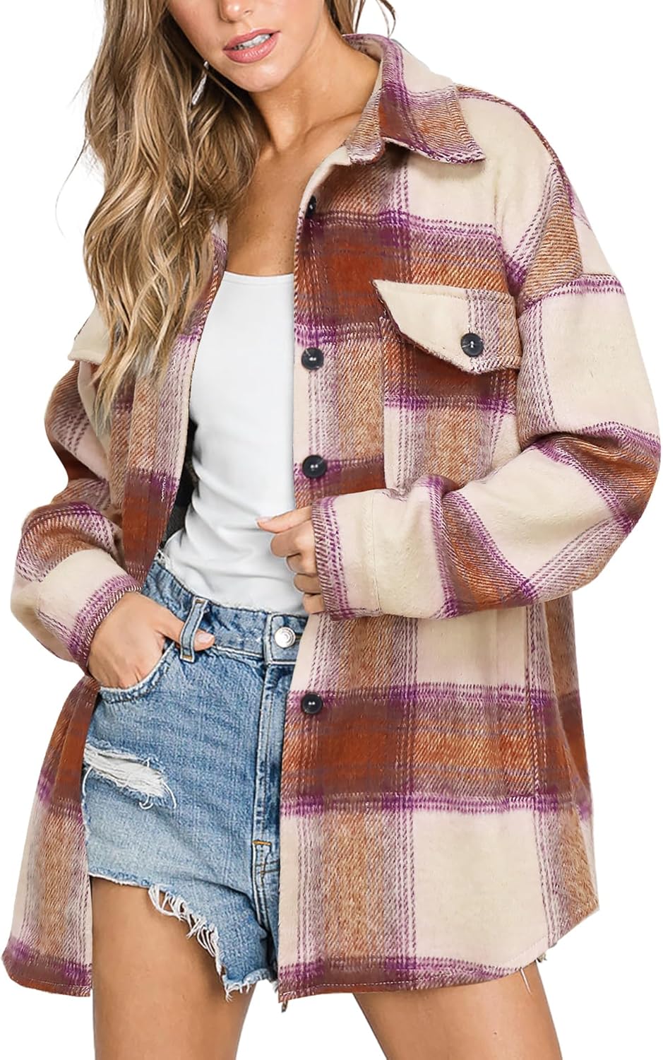 Women's Flannel Plaid Shacket Long Sleeve Button Down Shirts Jacket Coats - Picture 108 of 146