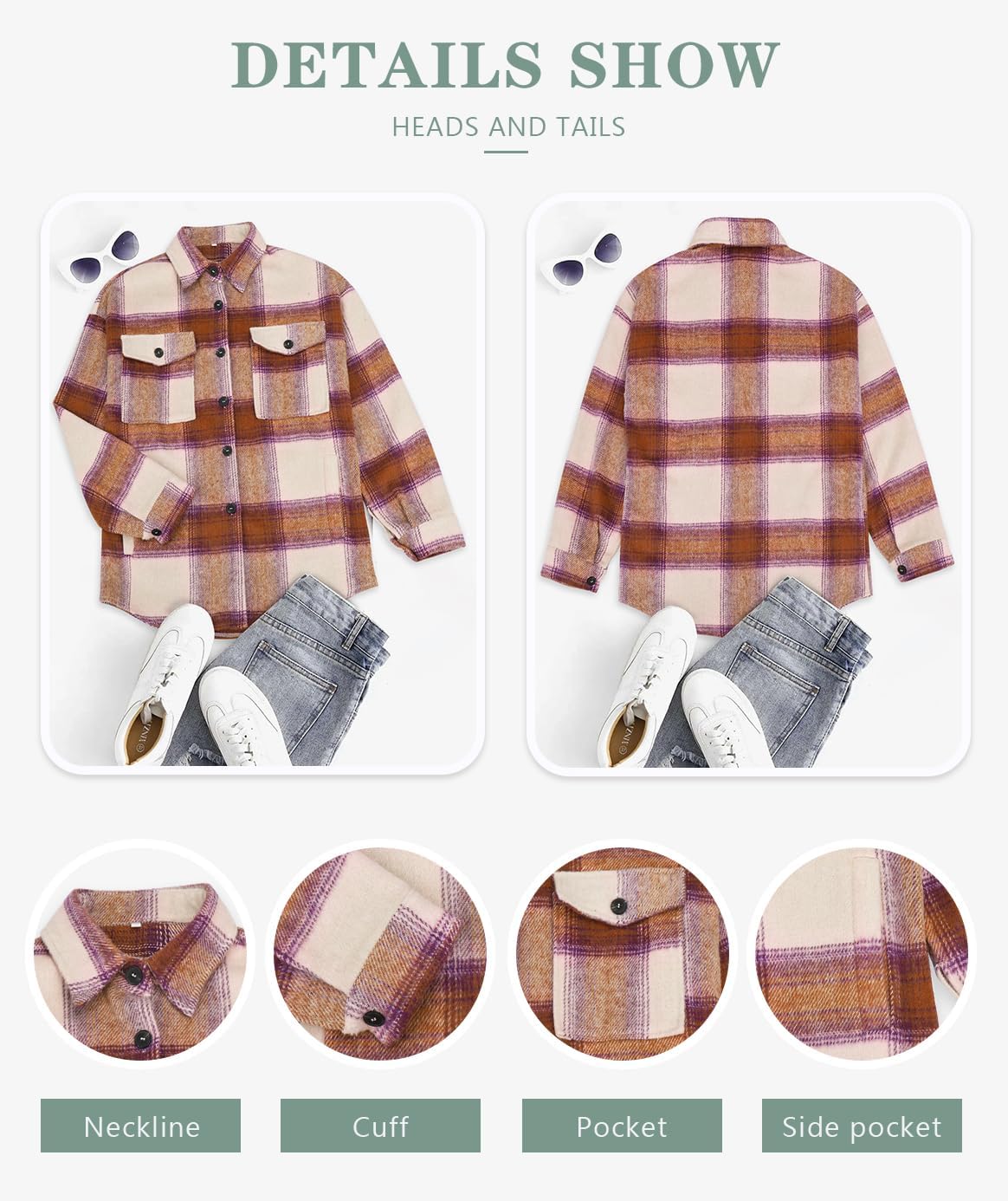 Women's Flannel Plaid Shacket Long Sleeve Button Down Shirts Jacket Coats - Picture 111 of 146