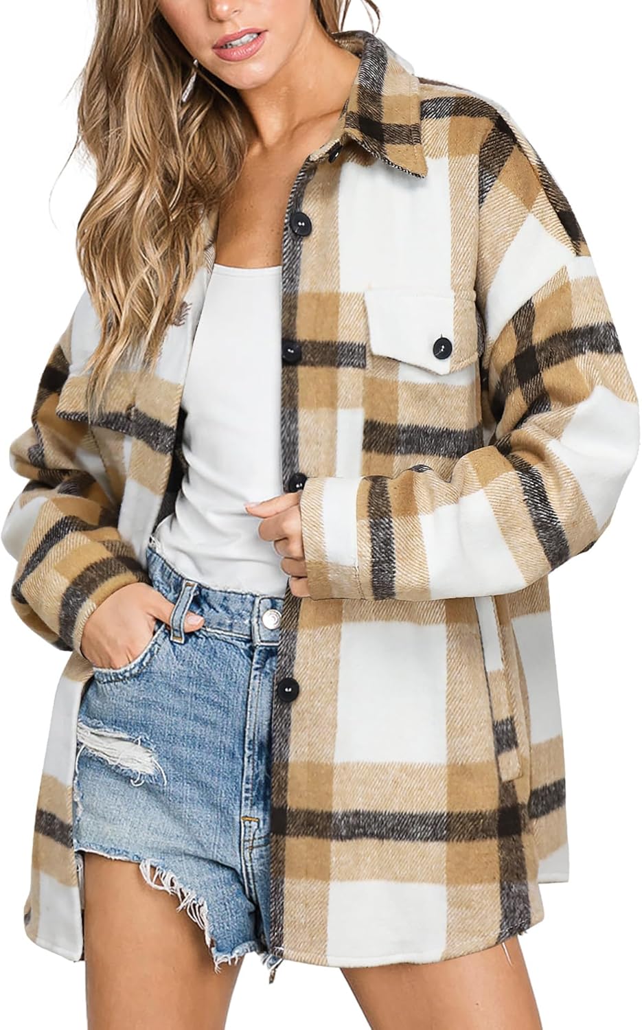 Women's Flannel Plaid Shacket Long Sleeve Button Down Shirts Jacket Coats - Picture 113 of 146