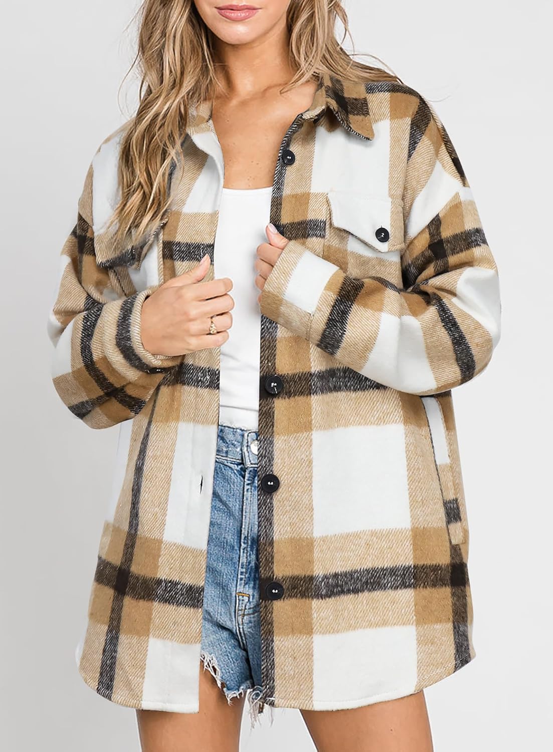 Women's Flannel Plaid Shacket Long Sleeve Button Down Shirts Jacket Coats - Picture 114 of 146