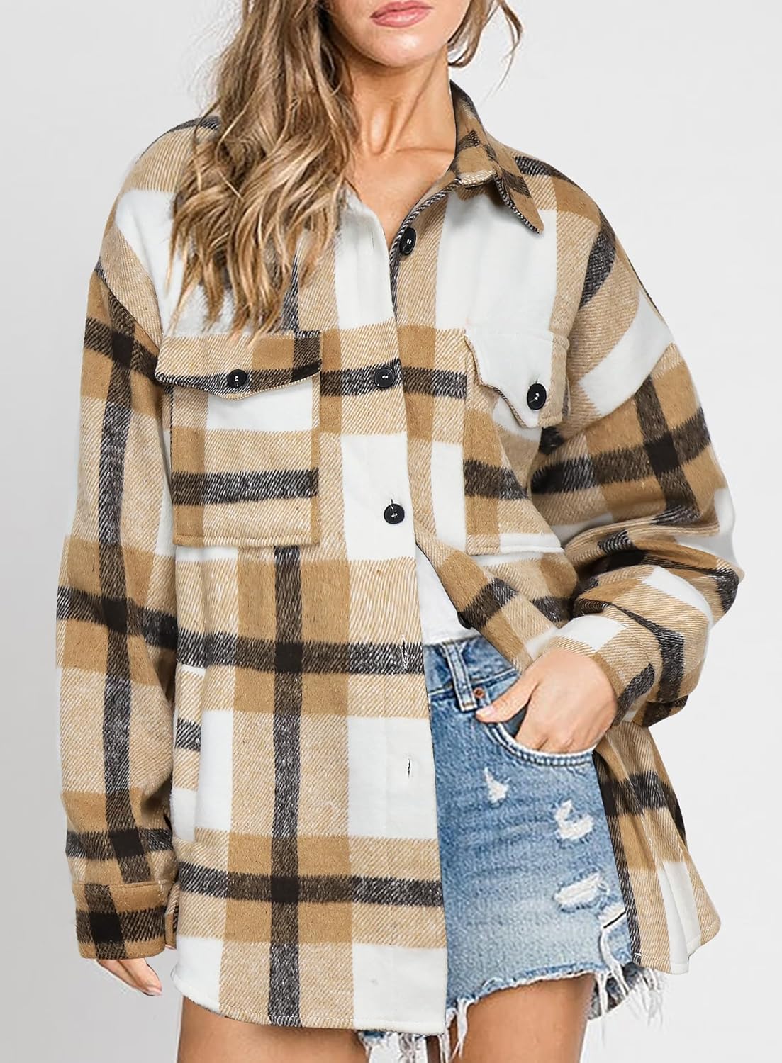 Women's Flannel Plaid Shacket Long Sleeve Button Down Shirts Jacket Coats - Picture 115 of 146