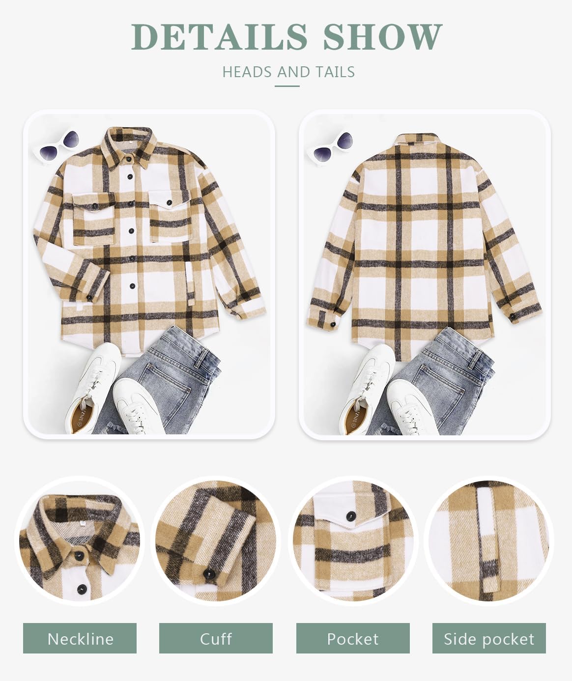 Women's Flannel Plaid Shacket Long Sleeve Button Down Shirts Jacket Coats - Picture 116 of 146