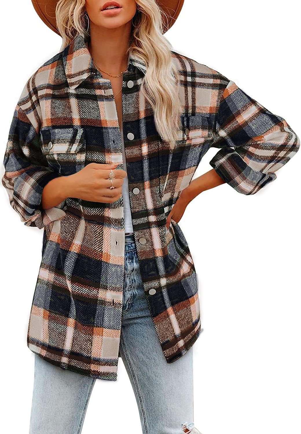 Women's Flannel Plaid Shacket Long Sleeve Button Down Shirts Jacket Coats - Picture 118 of 146