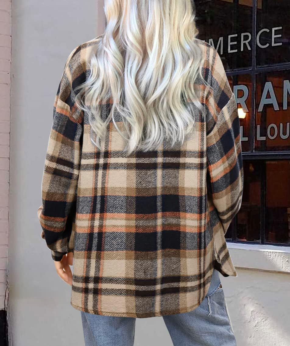 Women's Flannel Plaid Shacket Long Sleeve Button Down Shirts Jacket Coats - Picture 119 of 146