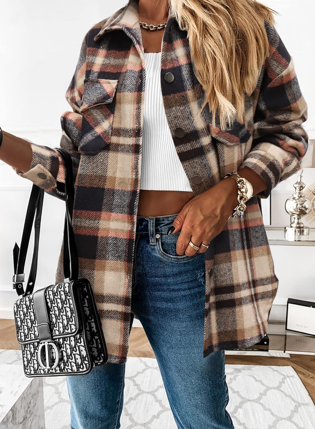 Women's Flannel Plaid Shacket Long Sleeve Button Down Shirts Jacket Coats - Picture 120 of 146