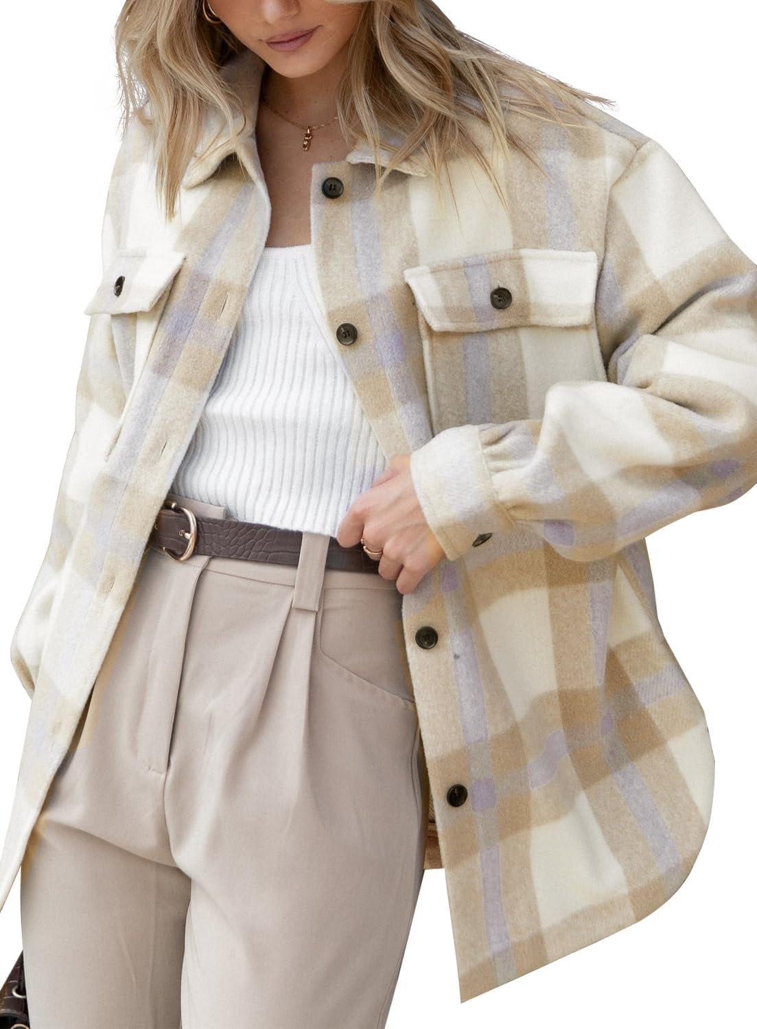 Women's Flannel Plaid Shacket Long Sleeve Button Down Shirts Jacket Coats - Picture 124 of 146