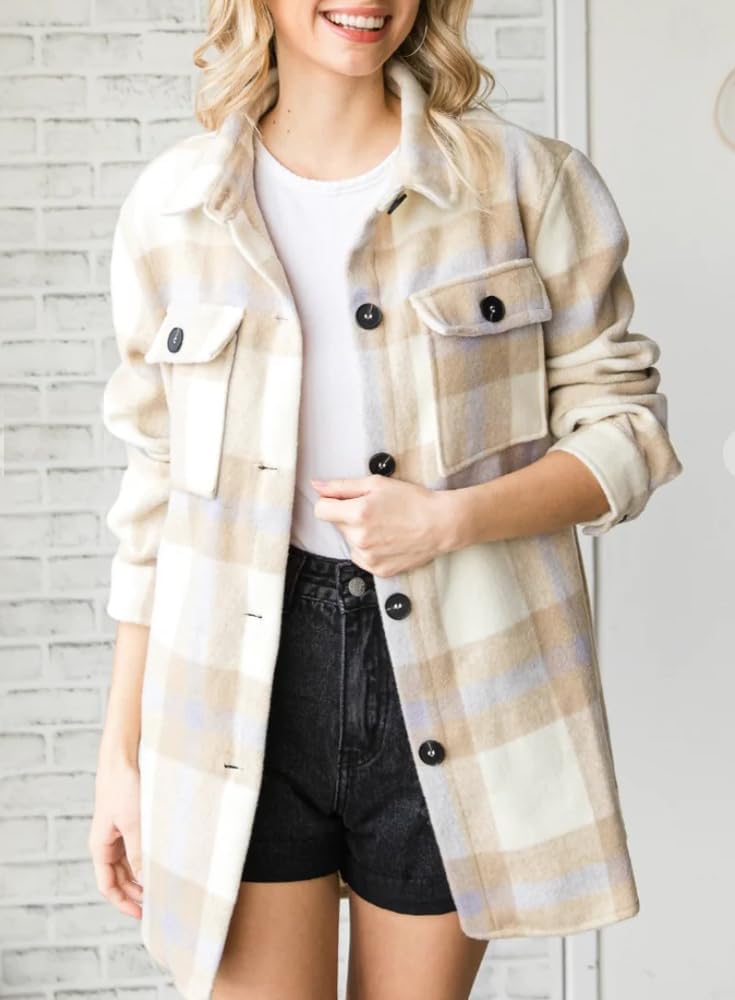Women's Flannel Plaid Shacket Long Sleeve Button Down Shirts Jacket Coats - Picture 126 of 146