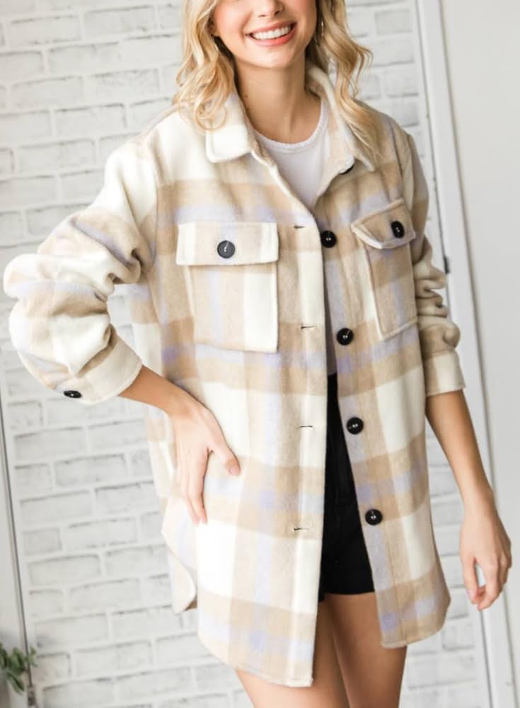 Women's Flannel Plaid Shacket Long Sleeve Button Down Shirts Jacket Coats - Picture 127 of 146