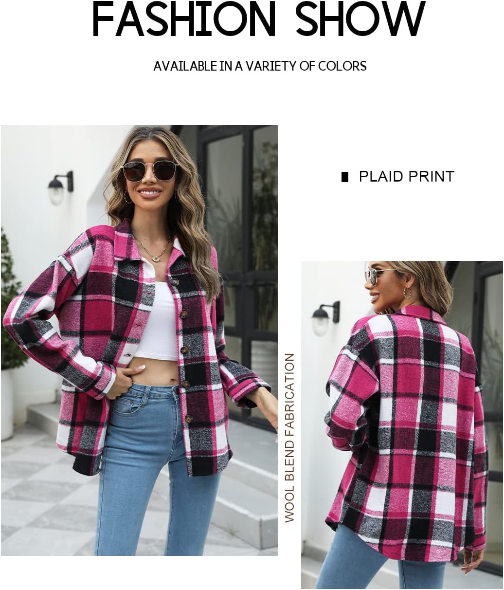 Women's Flannel Plaid Shacket Long Sleeve Button Down Shirts Jacket Coats - Picture 132 of 146