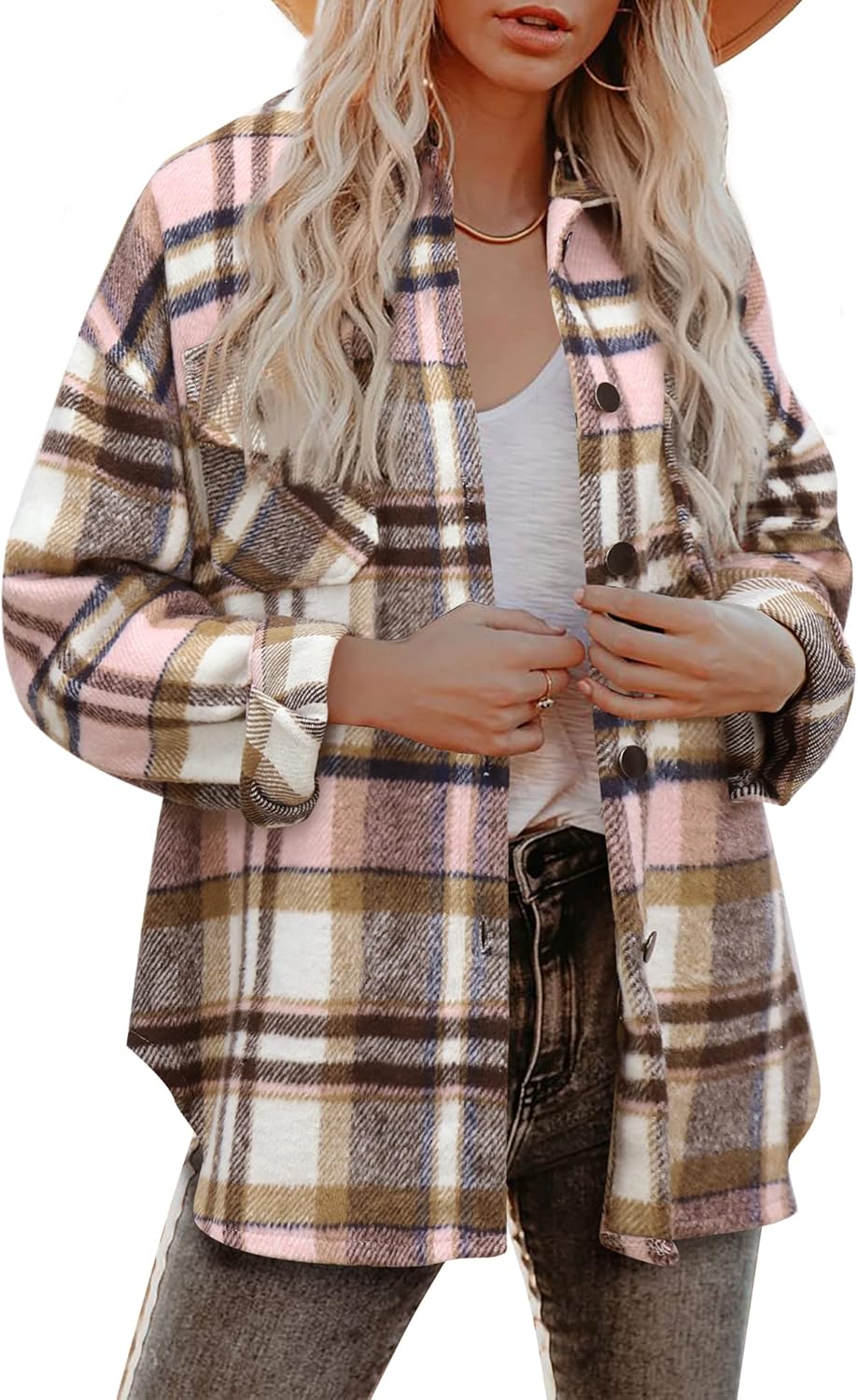 Women's Flannel Plaid Shacket Long Sleeve Button Down Shirts Jacket Coats - Picture 136 of 146