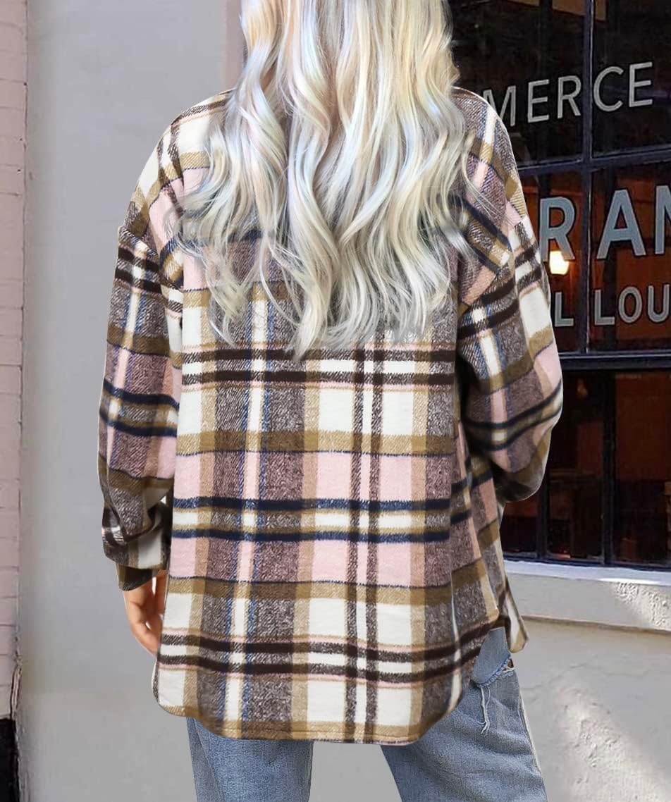 Women's Flannel Plaid Shacket Long Sleeve Button Down Shirts Jacket Coats - Picture 137 of 146