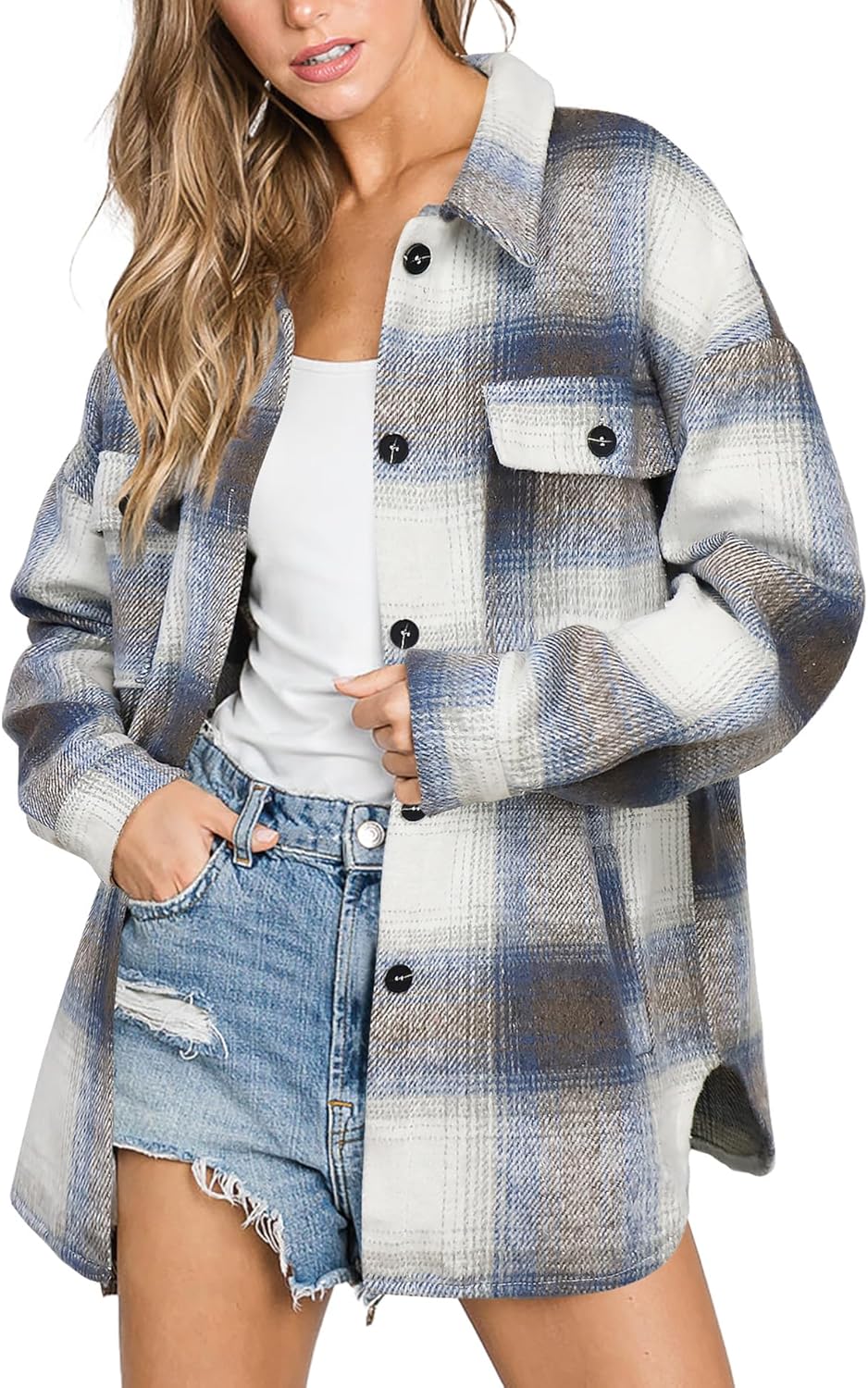 Women's Flannel Plaid Shacket Long Sleeve Button Down Shirts Jacket Coats - Picture 142 of 146