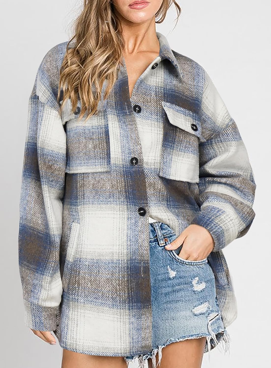 Women's Flannel Plaid Shacket Long Sleeve Button Down Shirts Jacket Coats - Picture 143 of 146