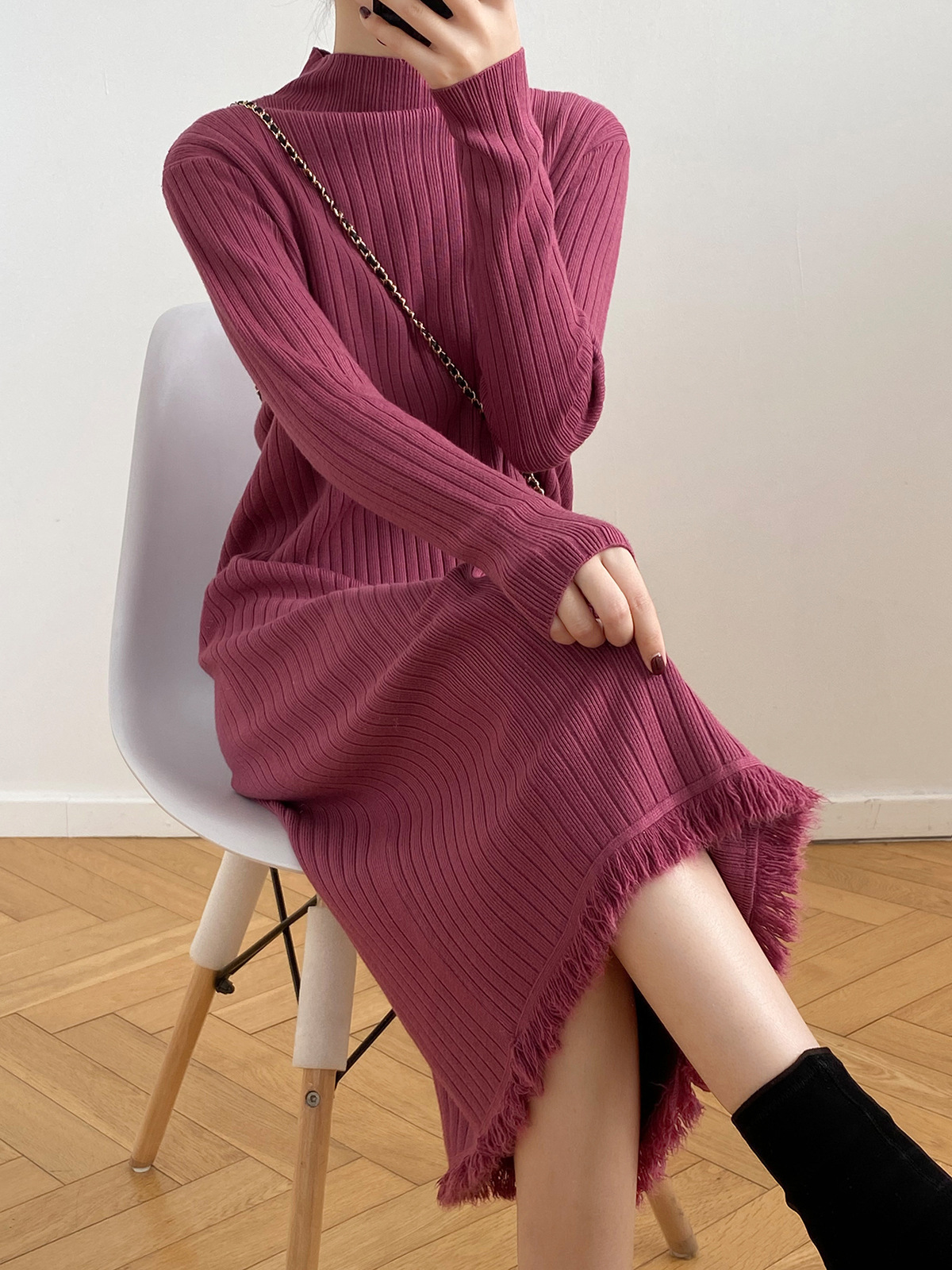 Abito maglione donna nappa patchwork midi maglia casual finto collo maniche lunghe - Foto 25 di 25